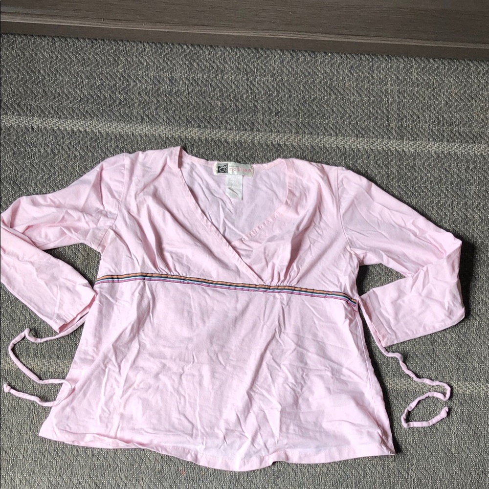 Light Pink Wrap-Front Long Sleeve Top with Contrast Waist Trim